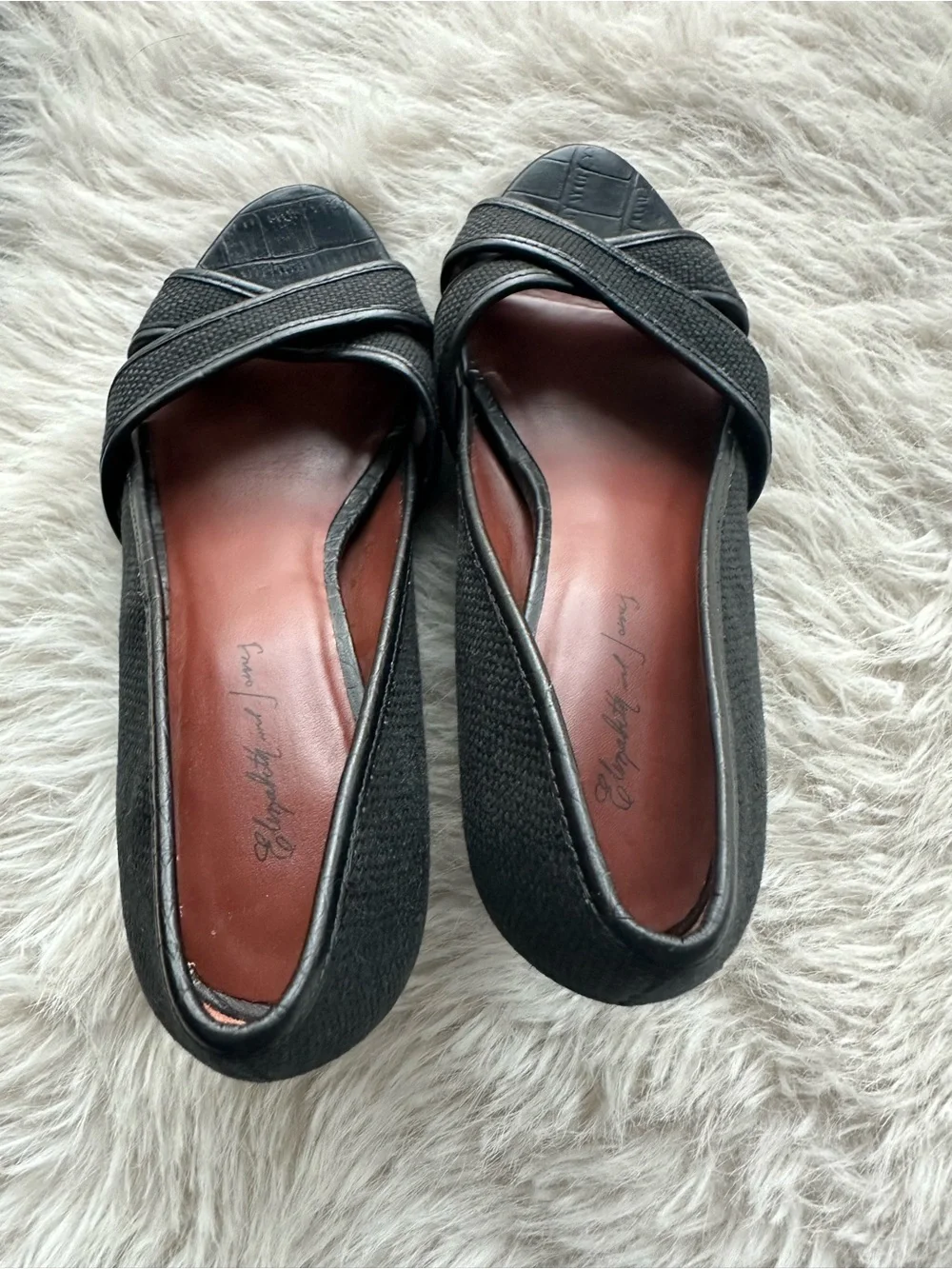 Elizabeth and James Black Textured Wedge Peep-Toe Pumps 6